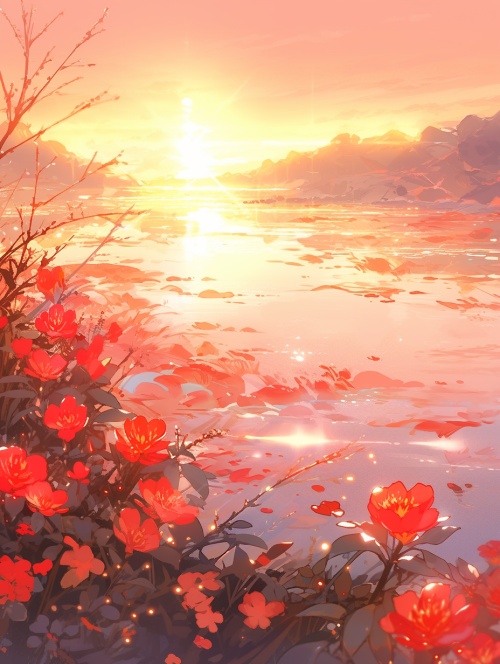 湖泊，太阳，鲜花，火红的太阳，太阳照射在水面，水边的鲜花在太阳照射下鲜艳似火，火红的花朵，田园风，中国插画风，超高清