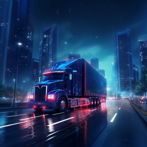一辆大货车，在夜色中行驶在大公路上，路上没有其他车，卡车蓝色调，周边远处有高楼大厦，大厦上有一些红色霓虹灯光，数字人生风格