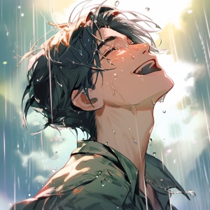 英俊少年，天空中的雨中大笑