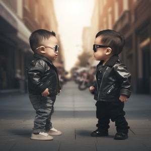 两个肌肉发达的中国小男孩，穿着休闲衣服，戴着太阳镜，在街道上，面对面吵架，灰色背景，可爱的婴儿风格，超现实主义，现实主义，8k