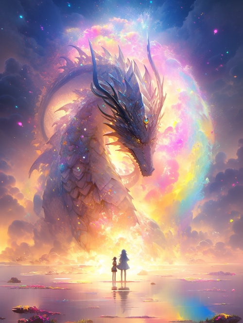 A,huge,dragon,with,a,little,girl,standing,in,front,of,it,dreamy,rainbow,core,diamonds,light,leaks,unbelievaby,beautful,pastel,color,pink,cyan,light,mixes,realistic,and,fantastical,elements,best,quality,art,advanced,lighting,forflm