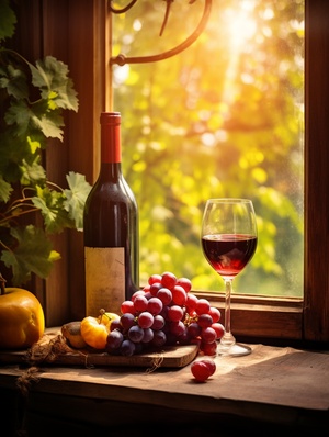 A,bottle,of,red,wine,and,a,glass,of,wine,,spattered,wine,,yellow,liquid,,placed,on,a,wooden,board,,surrounded,by,green,plums,,antique,Windows,,sunlight,coming,in,,branches,outside,the,window,,natural,light,,real,shooting,,solid,,contours,,smooth,glass,thickness,,transparent,,movie,lighting,,rendering,,8K