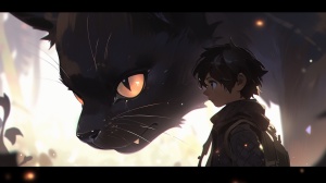 大头黑猫与小男孩的光效果