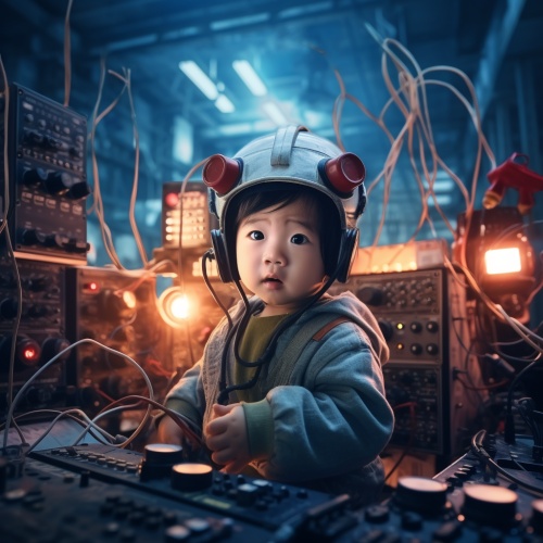 一个中国小孩，电子厂操作工，临时工电子厂工厂背景，可爱的婴儿风格，超现实主义，8k