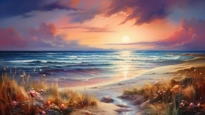 A,beautiful,colorful,oil,painting,in,a,serene,ocean,beach,landscape,with,beach,reeds,,by,Tyler,Edlin,and,Mike,Winkelmann,,german,romanticism,16k,resolution