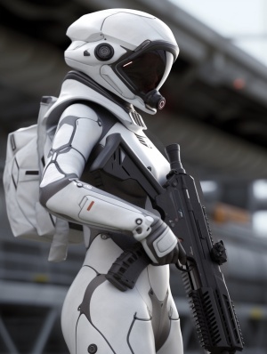 armed,female,figure,in,a,white,sci-fi,suit,(tight,jumpsuit),,at,the,spaceport,,against,the,background,of,a,sci-fi,ship,taking,off,,overcast,,mask,,sci-fi,visor,,sci-fi,lens,,sci-fi,respirator,,bald,head,,plate,armor,,isolated,armor,,third-person,view,from,below,,lots,of,fine,detail,,sci-fi,movie,style,,photography,,natural,textures,,natural,light,,natural,blur,,photorealism,,cinematic,rendering,,ray,tracing,,highest,quality,,highest,detail,,Cinematic,,Blur,Effect,,Long,Exposure,,8K,,Ultra-HD,,Natural,Lighti