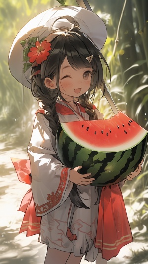 一个可爱的小女孩，脸上带着微笑，古代服饰，手里捧着一只巨大的西瓜，4K