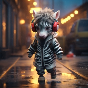 小斑马穿着衣服戴耳机走在街上的3D艺术