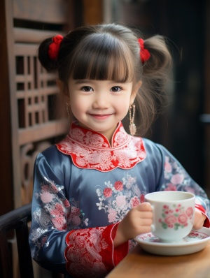 1girl,,3,years,old,,round,hair,buns,,holding,a,cup,of,milk,tea,,sitting,in,a,traditional,Chinese-style,tea,house,,upper,body,close-up,,gentle,smile,,red,cheongsam,dress,,floral,embroidery,,delicate,hairpin,,wooden,chair,,tea,table,,teapot,and,cups,,interior,of,teahouse,,content,expression.
