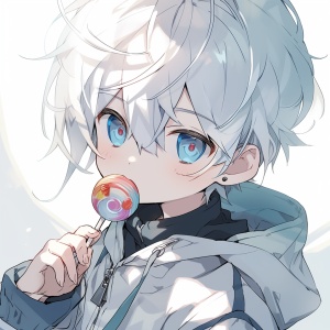 银色头发的小男孩拿着棒棒糖的可爱q萌形象