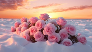 Photographic Realism: Pink Roses on the Snow-covered Seaside