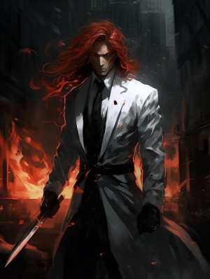 白色面具，男性，红色长发，西装，武士刀，火焰能量，全身，黑暗氛围