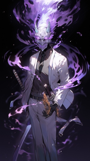 白色面具，男性，紫色头发，西装，武士刀，冰能量，全身，黑暗氛围，战斗