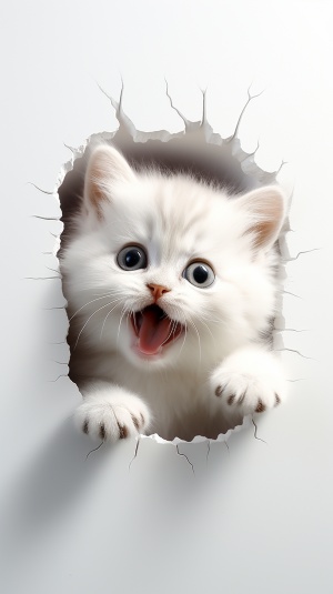 dorable,cute,cat,out,of,the,wall，laughing，eye,contact，3D,sticker，white,background,ar,9:16,v,5.2