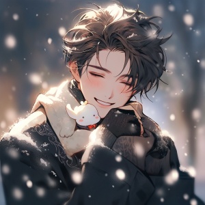 雪天里，温柔帅气的中国男生微笑着捧雪花
