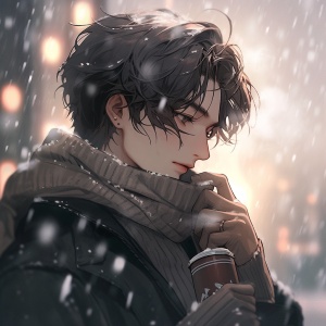 温柔短发男生在雪天微笑