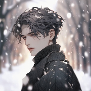 温柔短发男生在雪天微笑