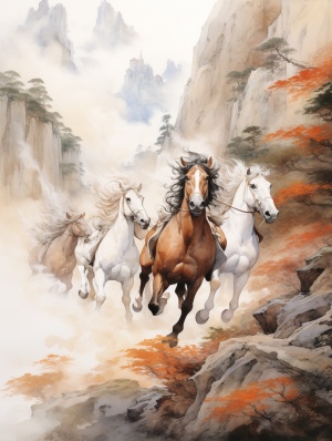 匈奴人骑马在阴山山脉的中国插画风