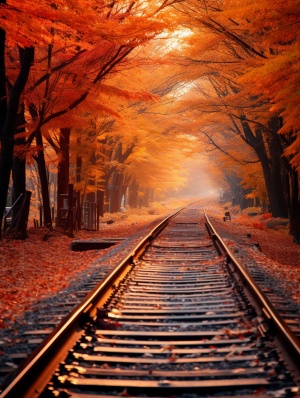 秋叶环绕的火车轨道壁纸