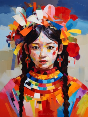 中国农村姑娘身穿嫁装，色彩鲜艳，毕加索面具