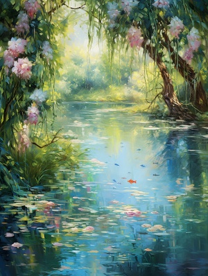 A,drooping,willow,tree,by,the,edge,of,a,pond,,with,wildflowers,and,aquatic,plants,blooming,in,the,water.,Free-roaming,fish,playfully,swimming,around.,Oil,painting,,natural,light.
