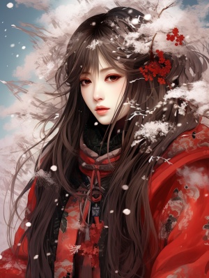 天，（古风长发），wallpaper,,((vermilion),),technique,highly,detailed,,(梅花),,（（（（大雪）））），closed,mouth,Metal,jewelry,embroideryn,,精致，personificationn,,(（毛领斗篷),）,（（black,hair）），（红色发饰），1,girl，灰色眼睛，梅花饰品，sharp,focus,,Elegant,And,Poised