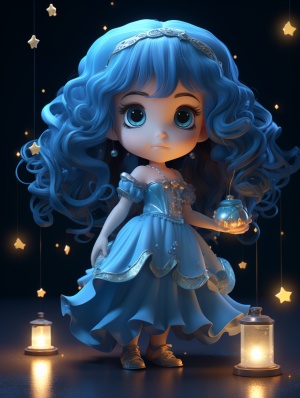 有点可爱的天秤座女宝宝，天平座人格化,，，蓝色长头发，蓝色长裙，大大的眼睛，精细细节，小手，梦幻，星之彩，c4d，8K-ar,3:4-ni,ji,5-s750