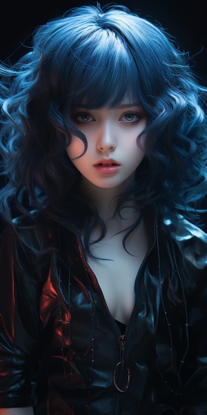 黑蓝色挑染鲻鱼头少女：冰冷阴暗的眸子全身像
