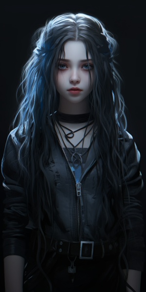 黑蓝色挑染鲻鱼头少女：冰冷阴暗的眸子全身像