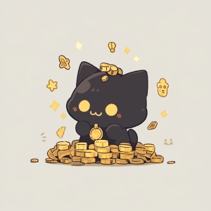 Closeup,,A,black,cat,with,big,eyes,,smiling,happily,,holding,a,lot,of,money,and,gold,,so,much,money,and,gold,on,the,table,,chibi,,in,the,style,of,pop,inspo,,light,amber,and,light,gold,,animated,gifs,,old,memecore,,romanticized,figures,,anime,style,,depth,of,field,ar,1:1,niji,5,8K