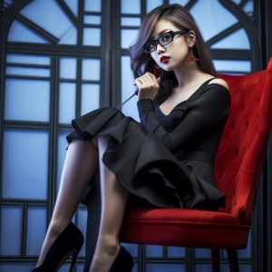 美丽女人戴眼镜黑丝红底高跟鞋