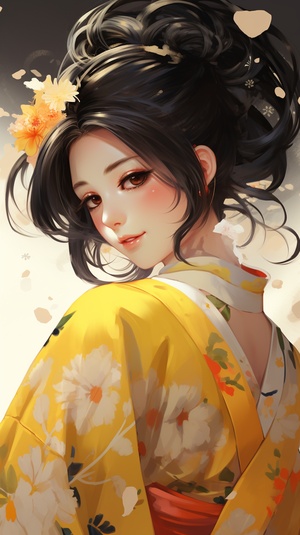 1girl,japanese_clothes,solo,open_mouth,smile,kimono,hair_ornament,closed_eyes,bow,yellow_kimono,black_hair,hair_bow,petals,teeth,upper_body,happy,lips,:d,hair_bun,single_hair_bun