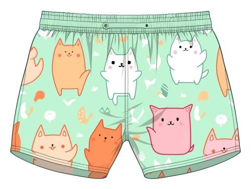 儿童四角短裤，卡通动物，可爱的小猫咪，平面矢量，简单的线条，明亮的色彩
