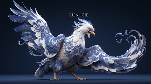 中国风，3DGriffin，古风画卷，立体，，Griffin，，the,bird,has,a,large,blue,feather,,in,the,style,of,rendered,in,unreal,engine,,intricate,patterns,and,details,,porcelain,,manticore,,urban,grittiness,,anime,inspired,character,designs,,heidelberg,school,，仿佛是山海经中的神兽，画面中没有人类