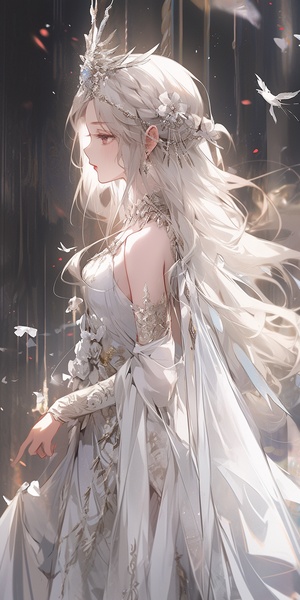 Beautiful Fantasy Empress in a White Dress with Long Hair