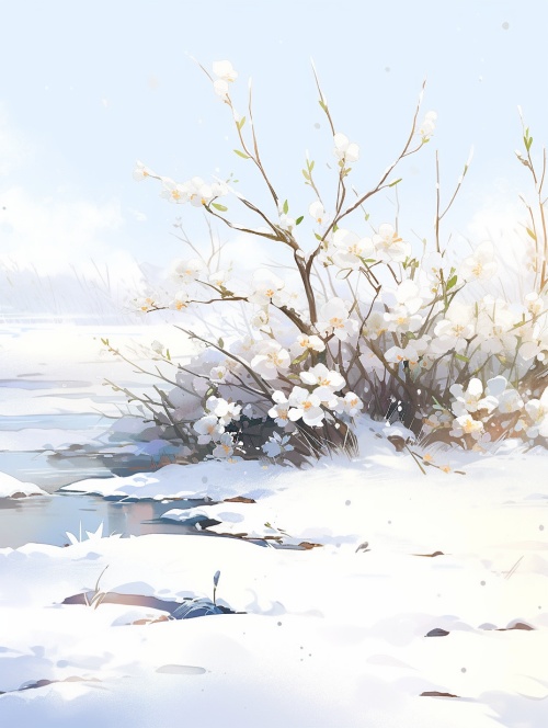 雪地，小土丘，几枝白色梅花，远处的小土丘上绽放着白色梅花，白雪皑皑，远景，田园风，中国插画风，超高清