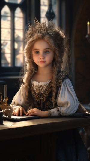 可爱小女孩在古朴书桌前发呆