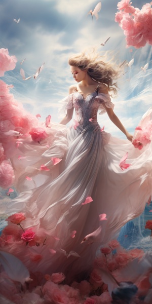 仙境背景，一个仙女，仙女湖，身形优美，优雅高贵，仙衣飘飘，长长的飘带，美轮美奂，意境深远，云雾缭绕，风景很美丽，衣着薄纱，红衣，粉红花瓣，飞天，