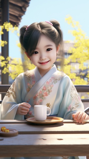 一个可爱的小女孩，穿着中国汉服，头带发簪，坐在室外的桌子上，手里拿着奶茶，笑得非常开心