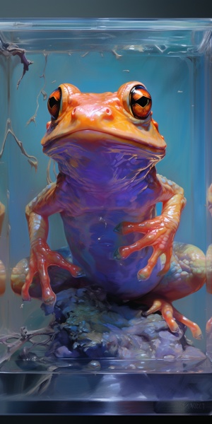 一只角蛙，在玻璃箱子里，朝着大家大笑