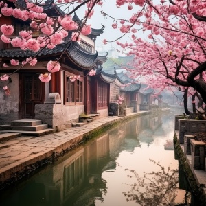 中国古镇溪流穿过古镇桃花高清旅游商业摄影