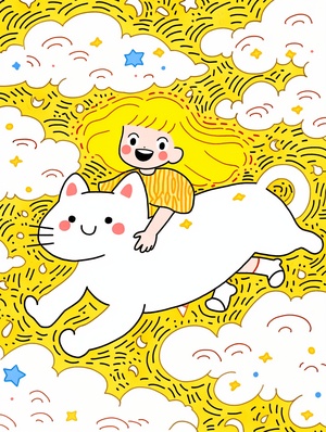 Giant Yellow Long-haired Cat Running on Clouds with Cute Little Girl