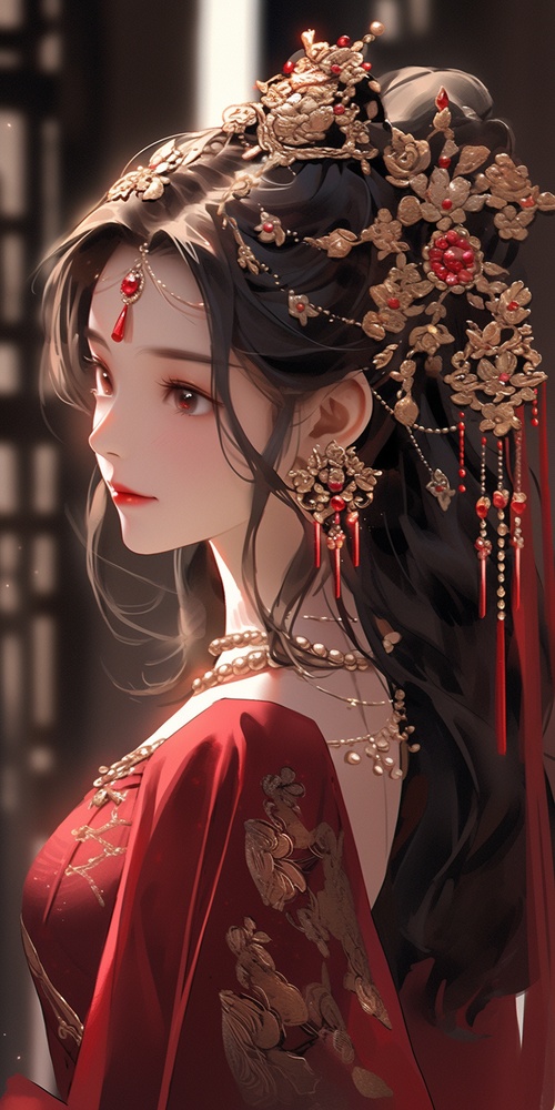 Ancient,beauty,,wedding,dress,,long,black,hair,,delicate,makeup,,exquisite,hair,accessories,,neck,ornaments,,ear,ornaments,,Fengguan,Xia,,wearing,luxurious,and,atmospheric,red,and,gold,pattern,Han,costume,,hazy,sense,,eyes,looking,at,the,camera,,surrounded,by,red,balloons,,emitting,atmosphere,around,the,body,light,,auditorium,background,,dreamlike,sense,,hazy,sense,,ancient,style,,perfect,composition,,fine,details,,movie,texture,,8k,,masterpiece,,quadratic,illustration.,s200,niji5