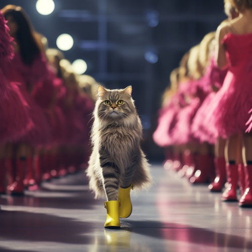 时装表演，猫咪自信地走在t台上，穿着鲜艳的鞋子，中景，构图完美，拟人化，8k，高品质，细节完美