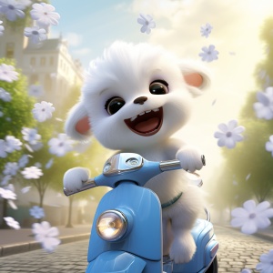 超可爱的白色小狗骑滑板车笑得灿烂