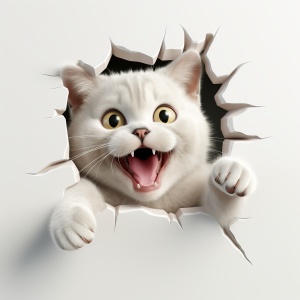 dorable,cute,cat,out,of,the,wall，laughing，eye,contact，3D,sticker，white,background,ar,1:1,v,5.2