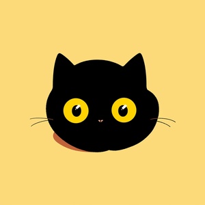 Minimalistic Flat Illustration: Three Cute Black Cats with Big Round Eyes on a Yellow Background