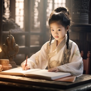 可爱小女孩眺望古代房间中的中国古装汉服