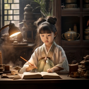 可爱小女孩眺望古代房间中的中国古装汉服