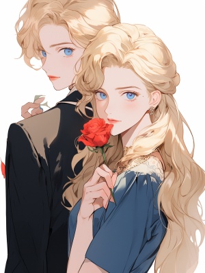 两个人，左边一个麦色少年，身材高挑英俊，穿了一身蓝色西装，右边一个淡金色头发女孩，蓝色眼睛，穿了一身蓝色长裙，手里拿着一把蓝色玫瑰